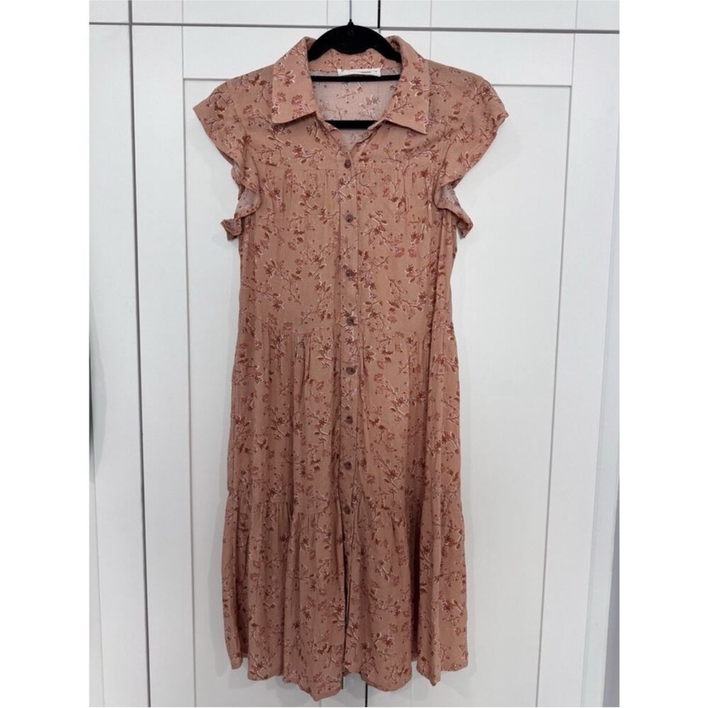 Lucky Brand Floral Midi Dress Button Front Cottagecore Boho Coral Women’s Small